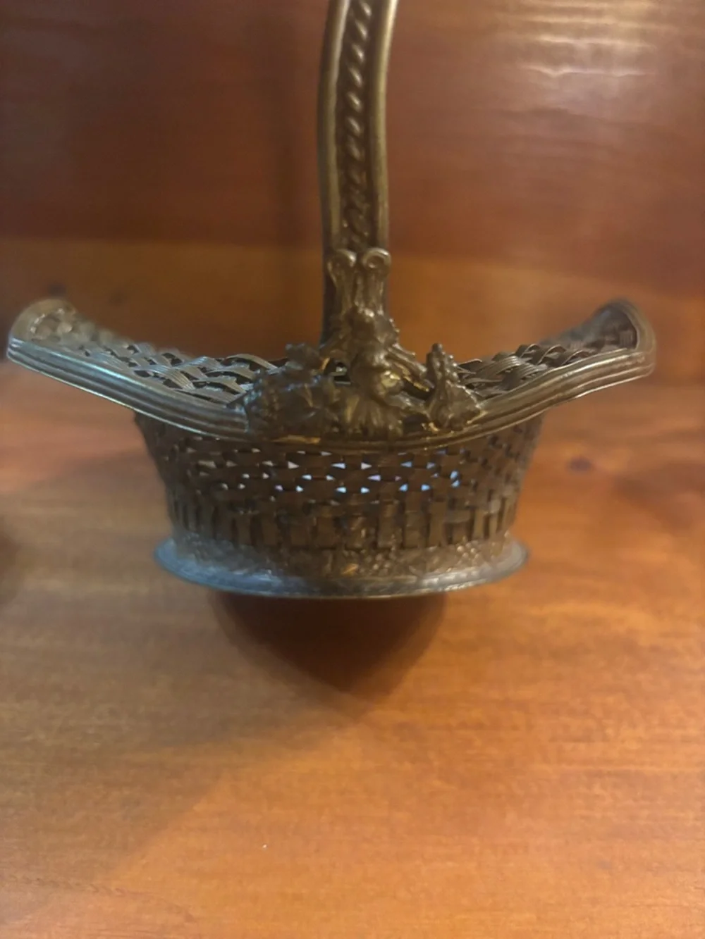 Vintage French Woven Brass Basket with Floral Porcelain Insert - Gold